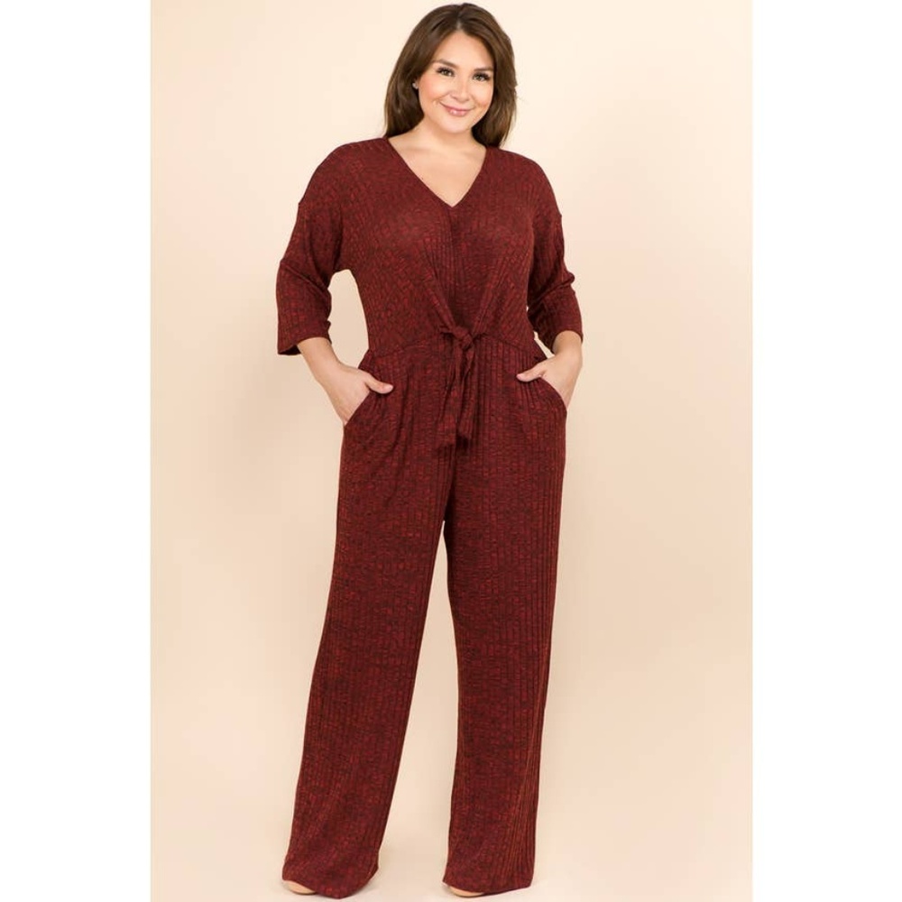 PLUS SIZE COZY SOFT KNITS TIE FRONT JUMPSUIT